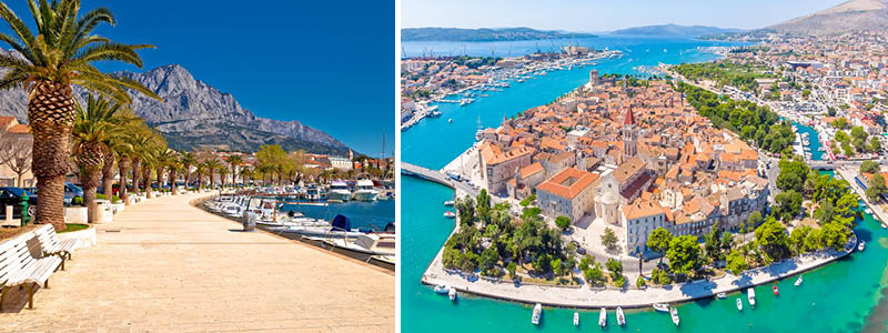 Havnepromenaden i Baska Voda (med Biokovo bjergkæden i baggrunden) samt Trogir set oppefra